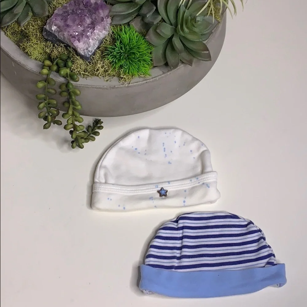 Two blue cotton stretch knit newborn hats beanie blue white